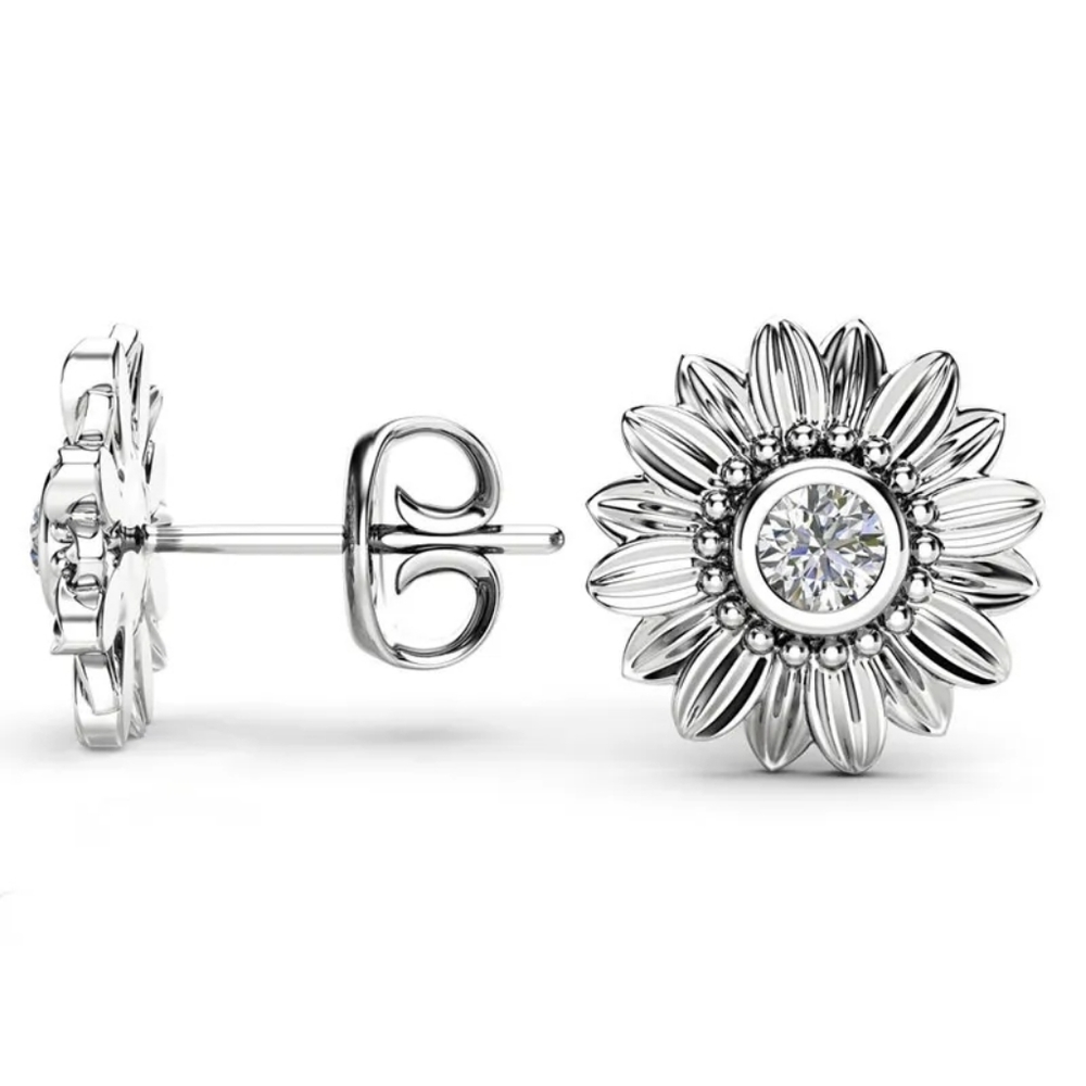 **18k** Yellow & Rose Gold Silver Diamond Sunflower Stud Earrings - Picture 6 of 7